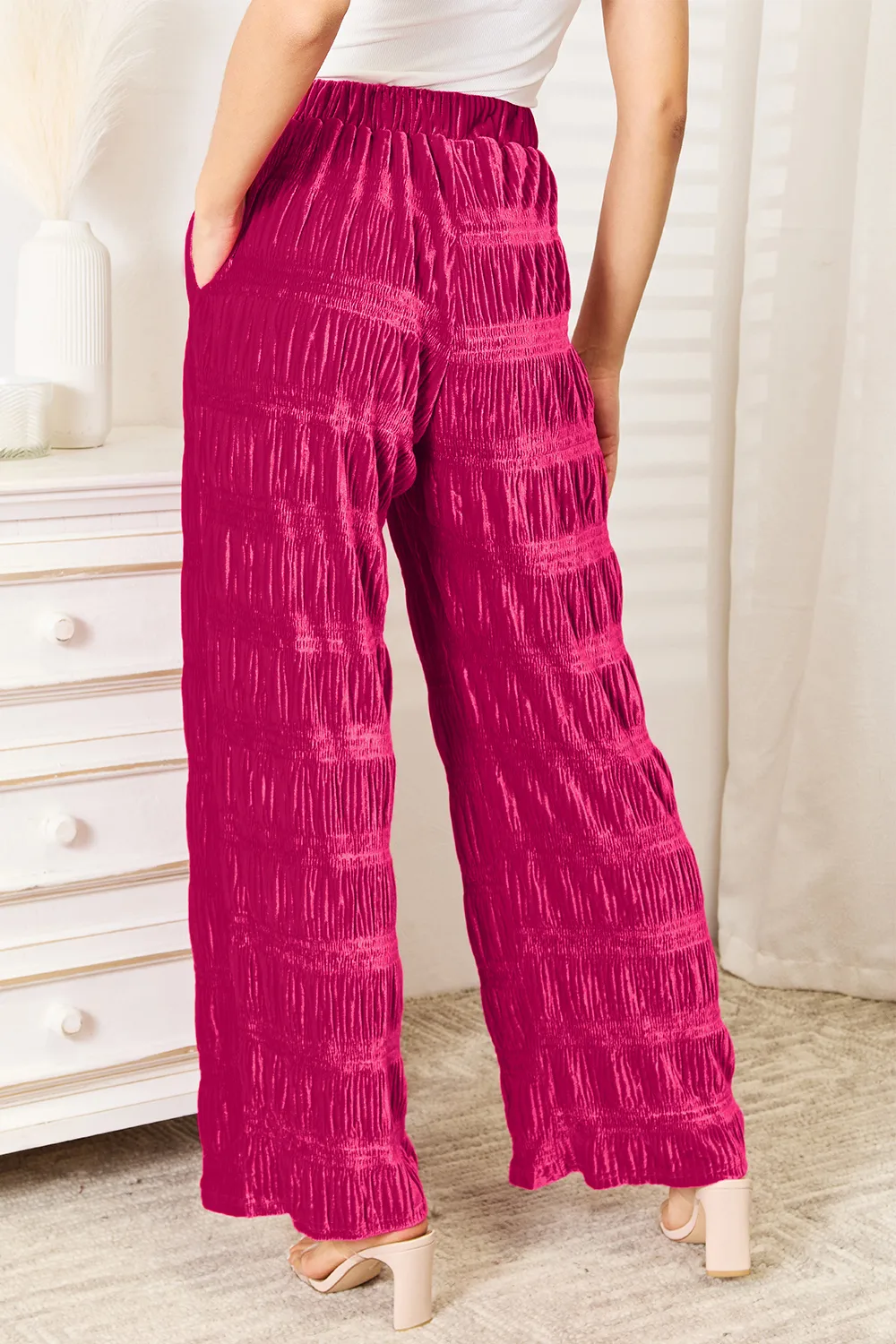 Full Size High Waist Tiered Shirring Velvet Wide Leg Pants, image 5