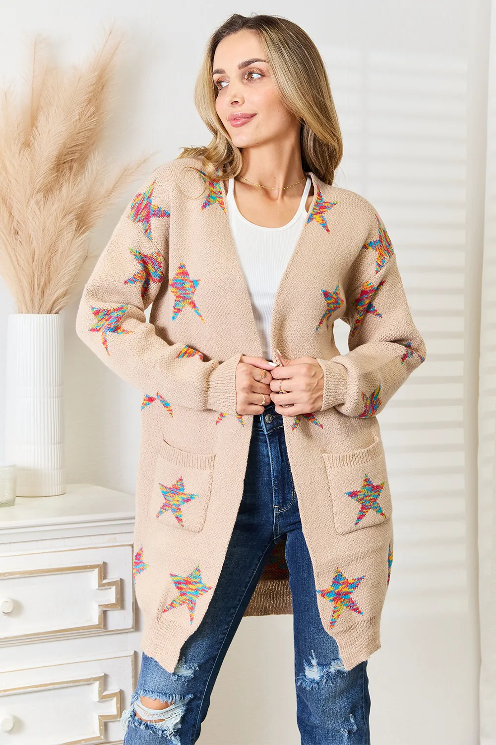 Star Pattern Open Front Longline Cardigan