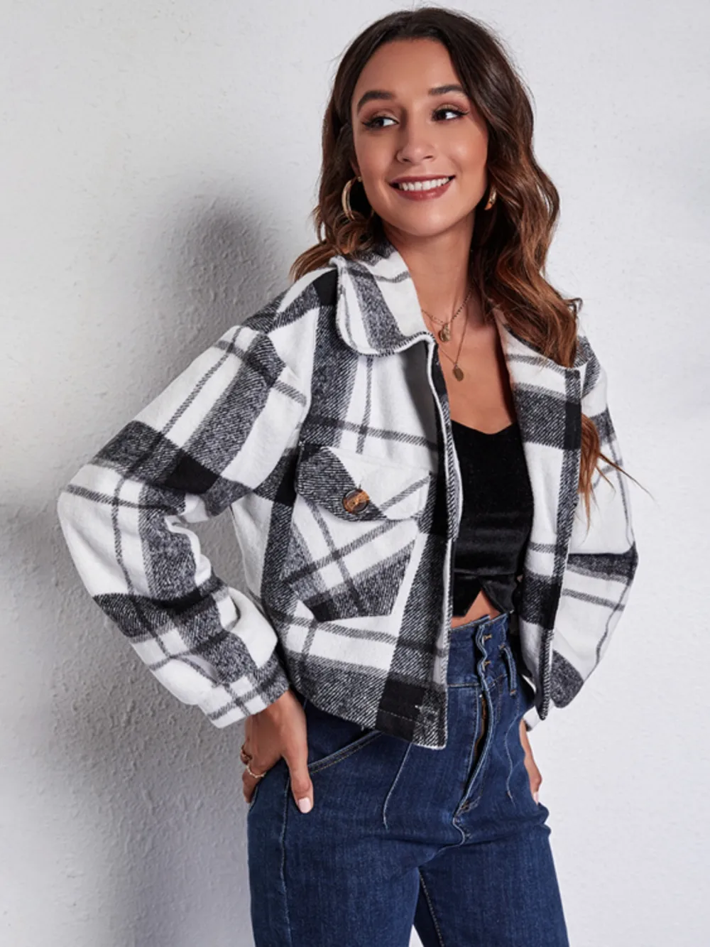 Plaid Button Front Jacket with Pockets, image 2