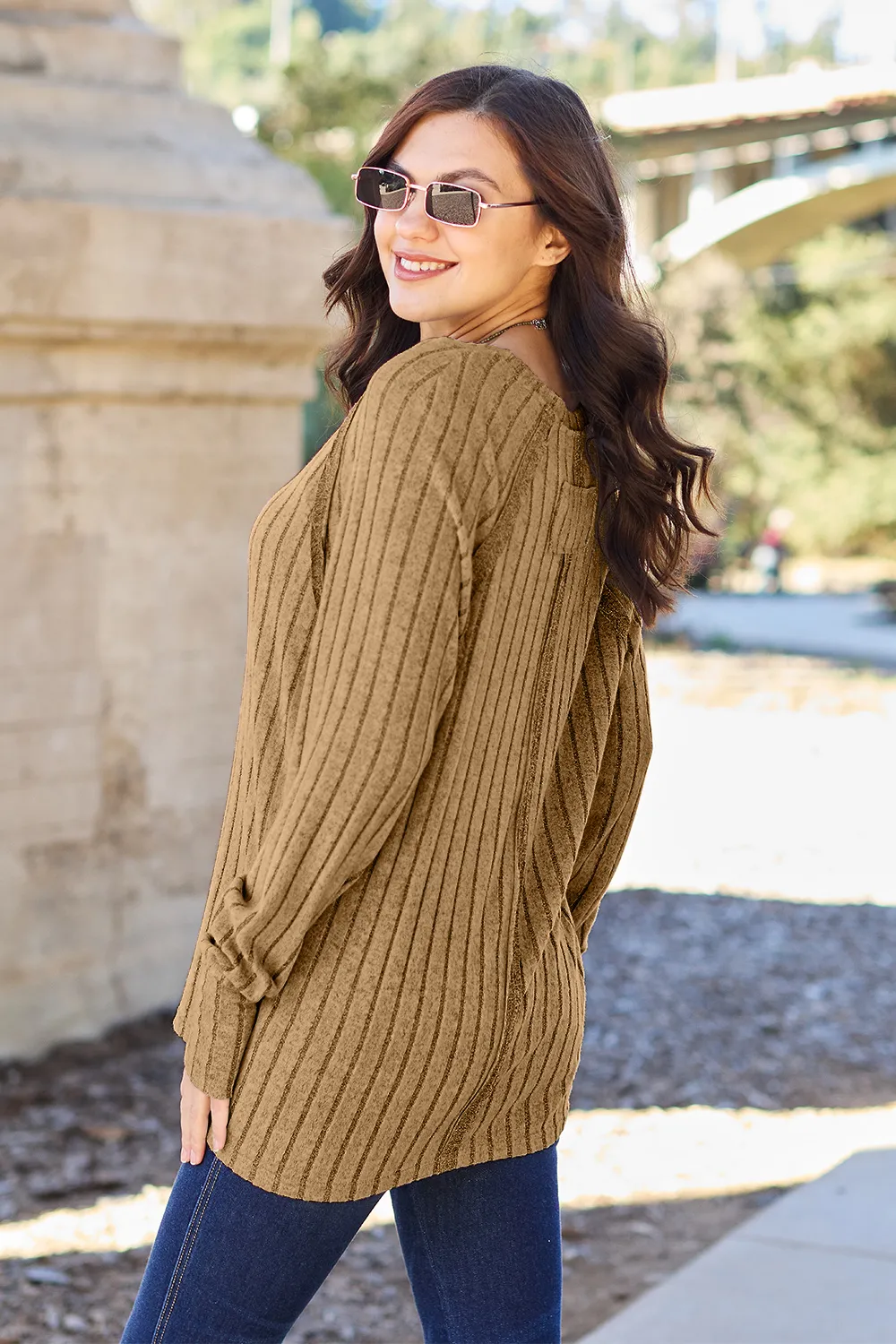 Full Size Ribbed Round Neck Long Sleeve Knit Top, image 12