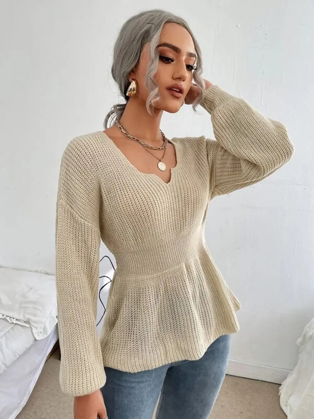 Notched Dropped Shoulder Knit Top, image 15