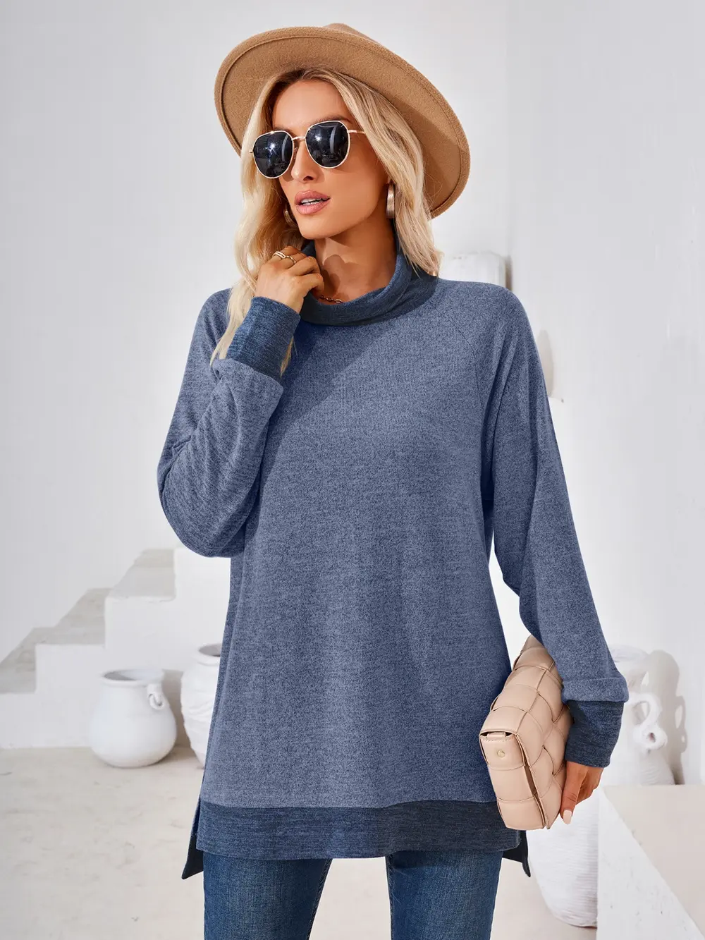 Contrast Mock Neck Long Sleeve T-Shirt, image 5