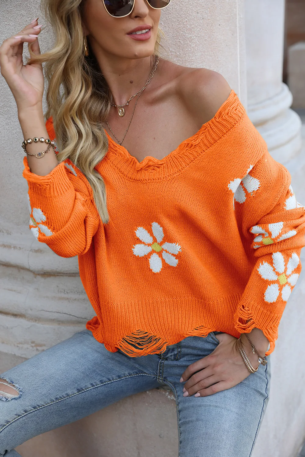 Flower Distressed Long Sleeve Sweater, image 14