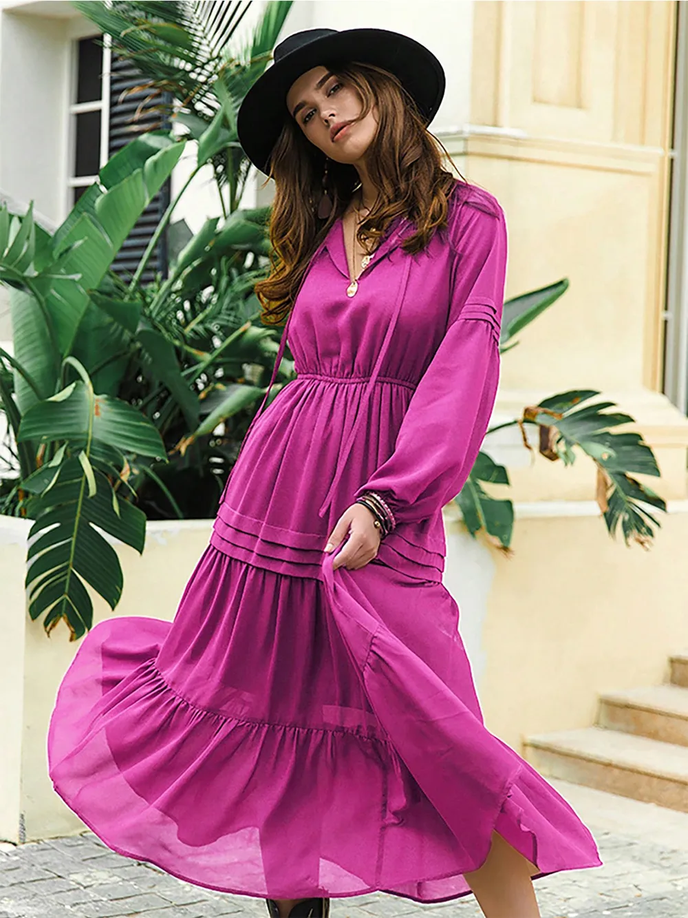 Tie Neck Long Sleeve Midi Tiered Dress, image 20