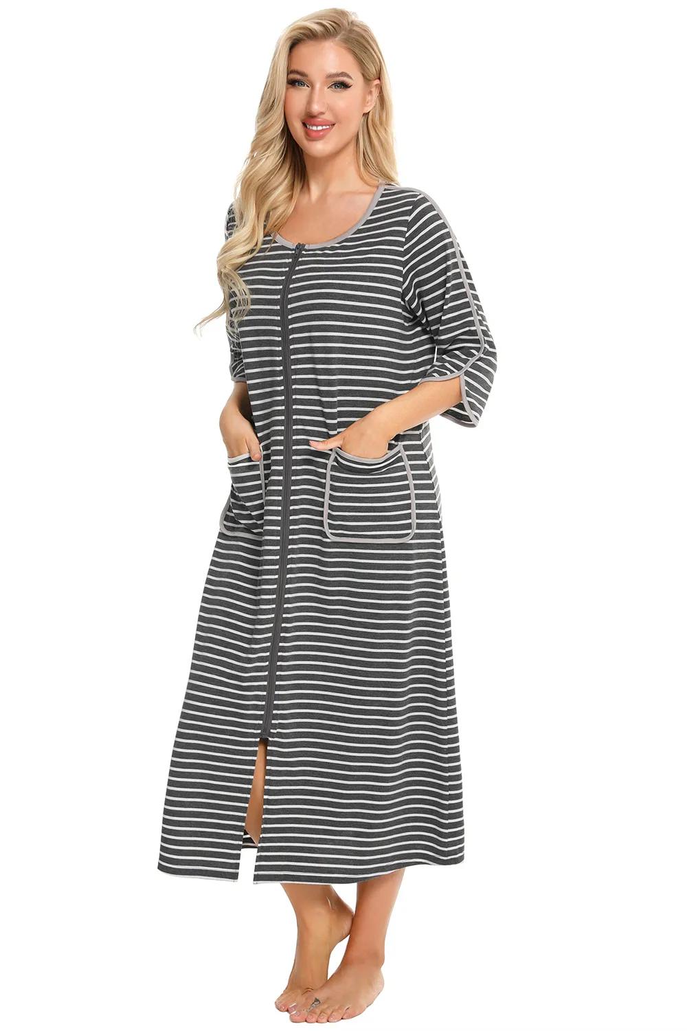 Round Neck Three-Quarter Sleeve Midi Night Dress, image 9