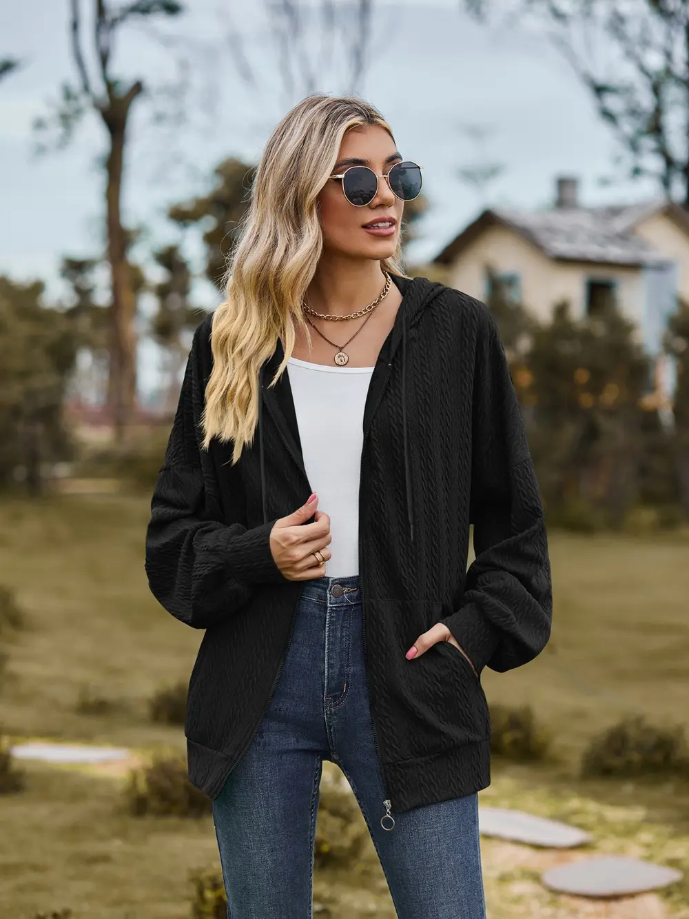 Zip Up Drawstring Long Sleeve Hooded Jacket, image 12