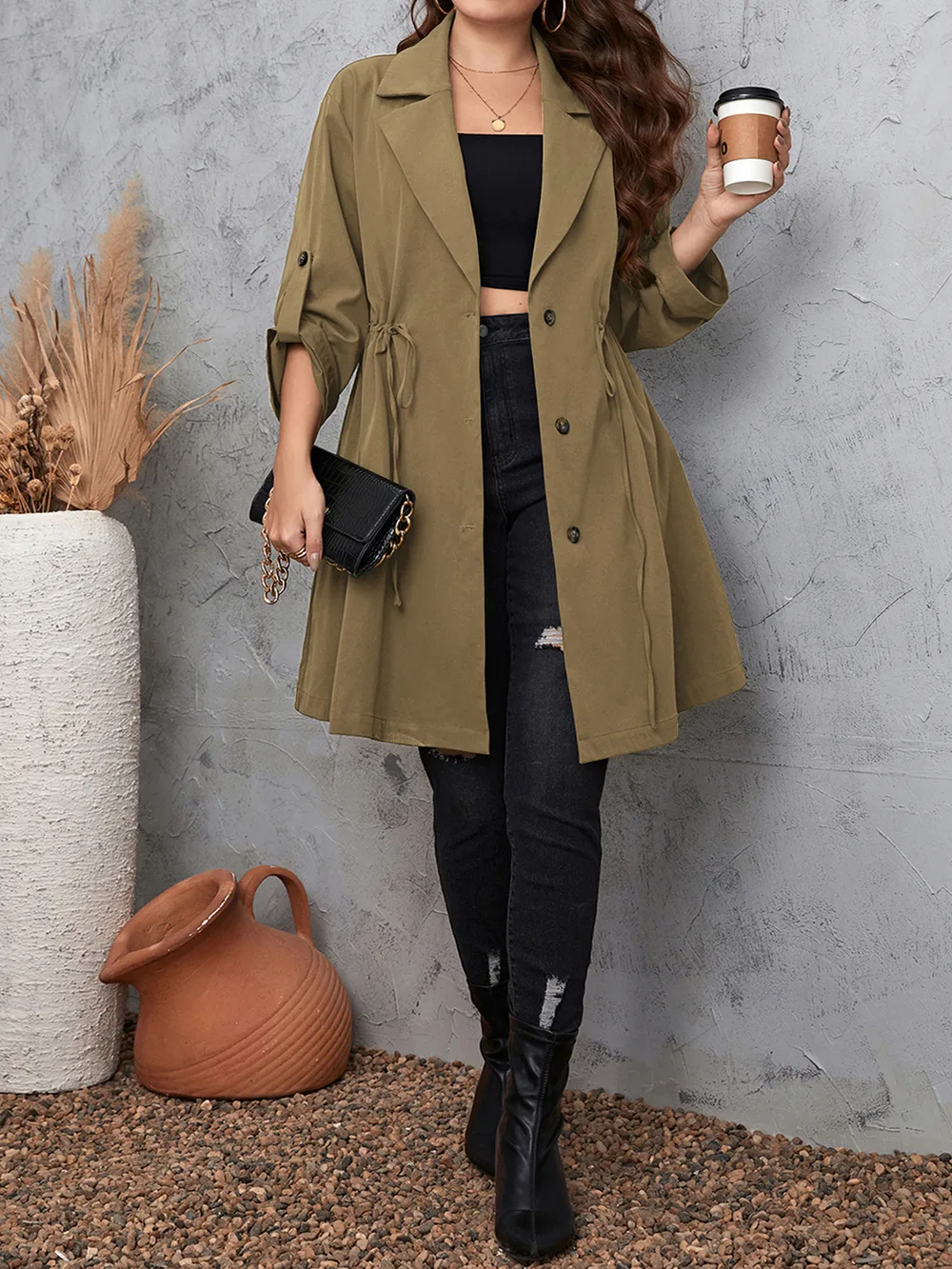 Plus Size Lapel Collar Drawstring Roll-Tab Sleeve Trench Coat, image 11