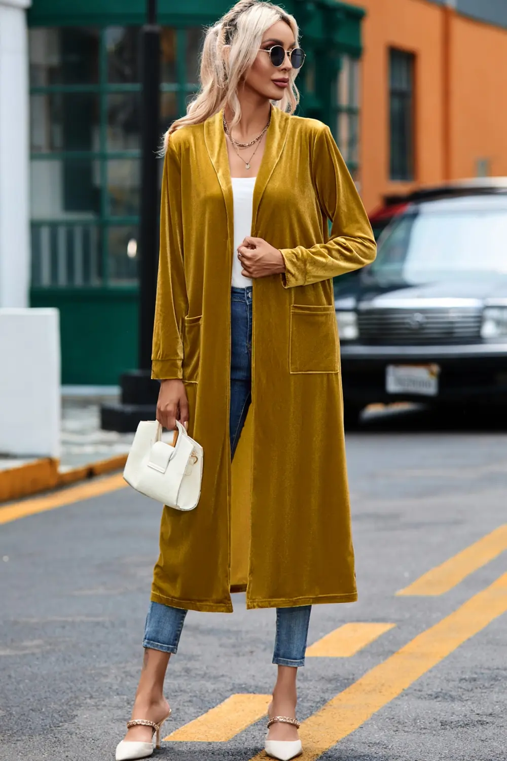 Velvet Open Front Long Cardigan with Pockets, image 7