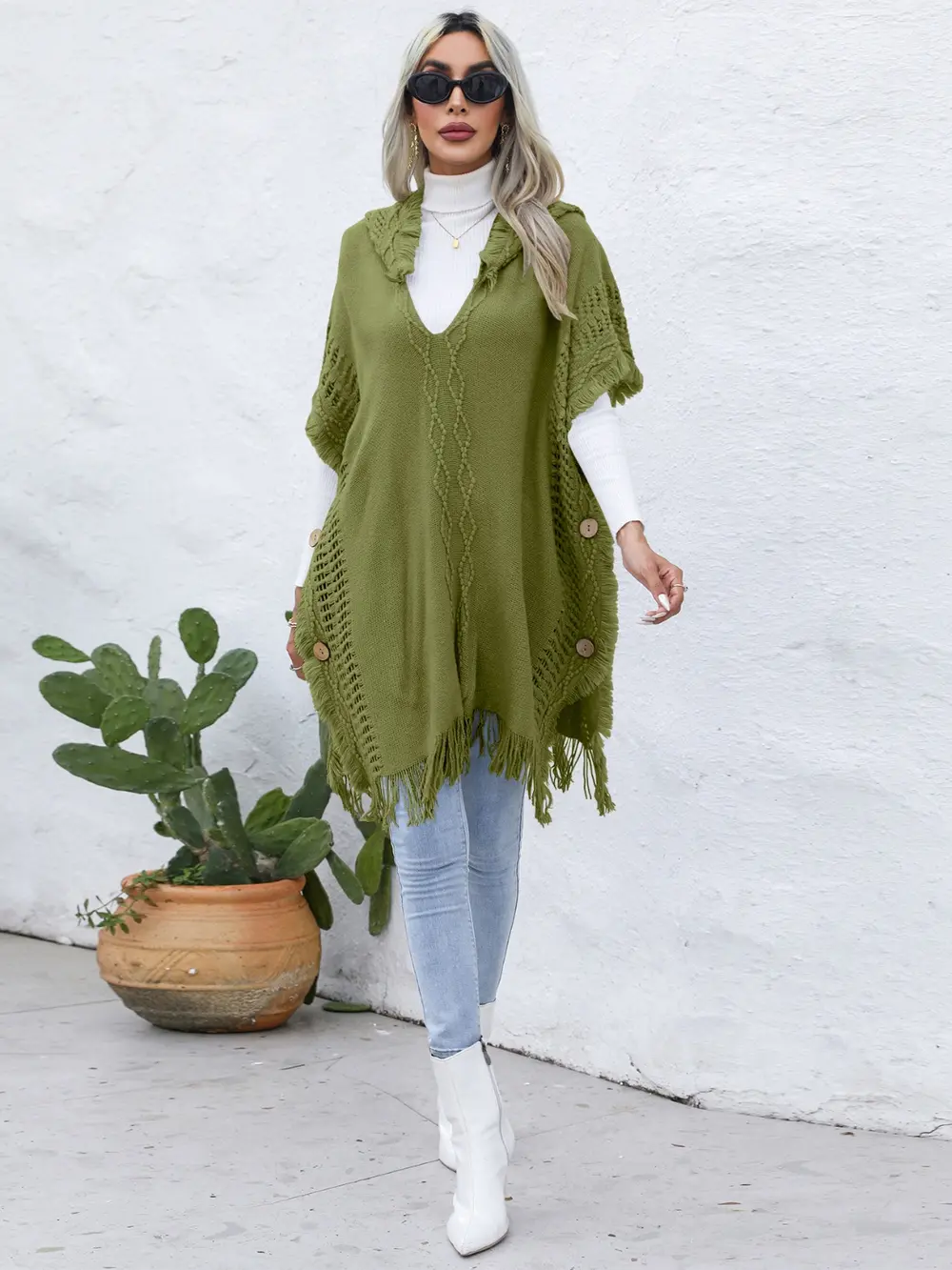 Fringe Trim Buttoned Hooded Poncho, image 17