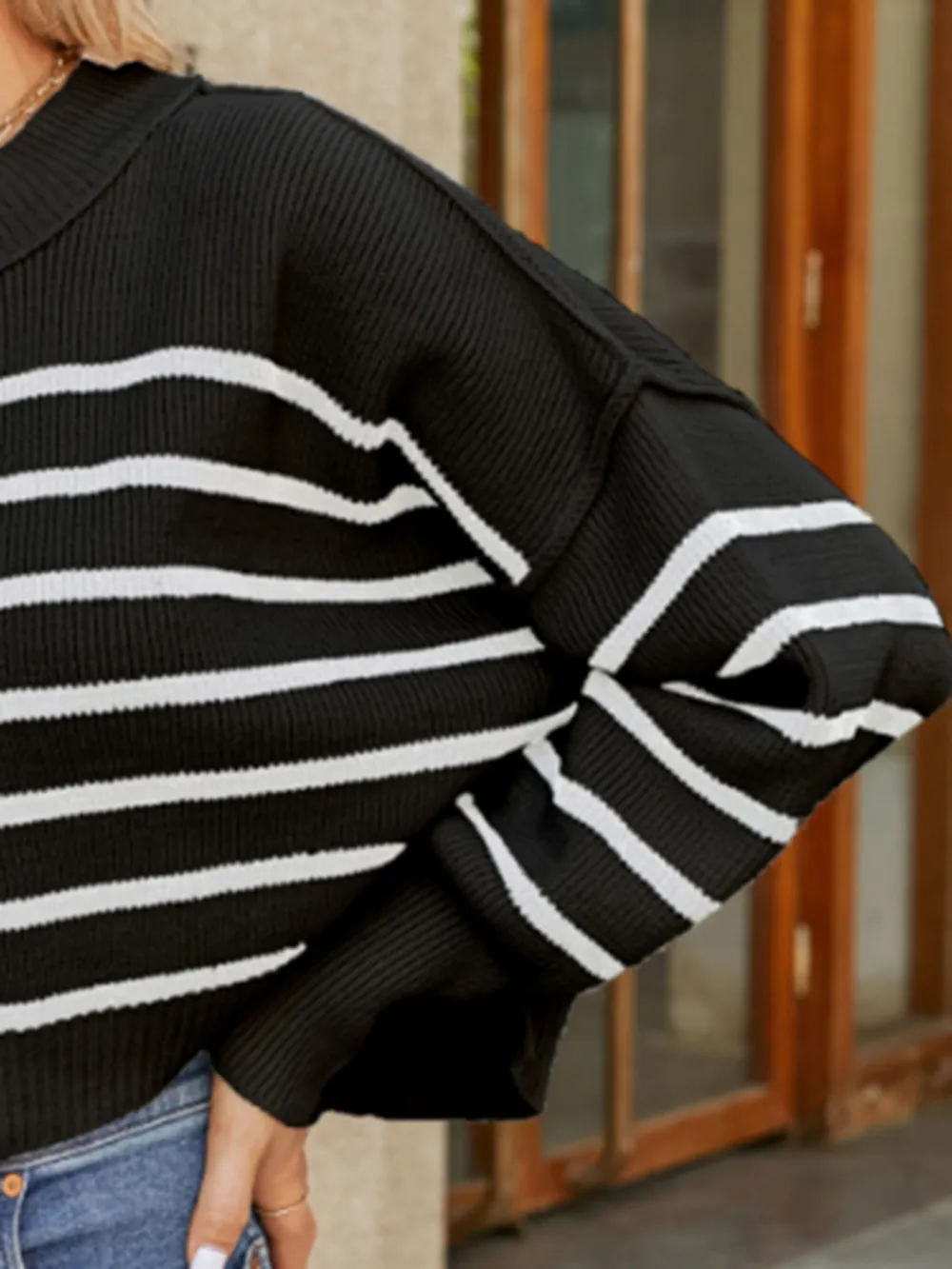Round Neck Striped Lantern Sleeve Sweater, image 16