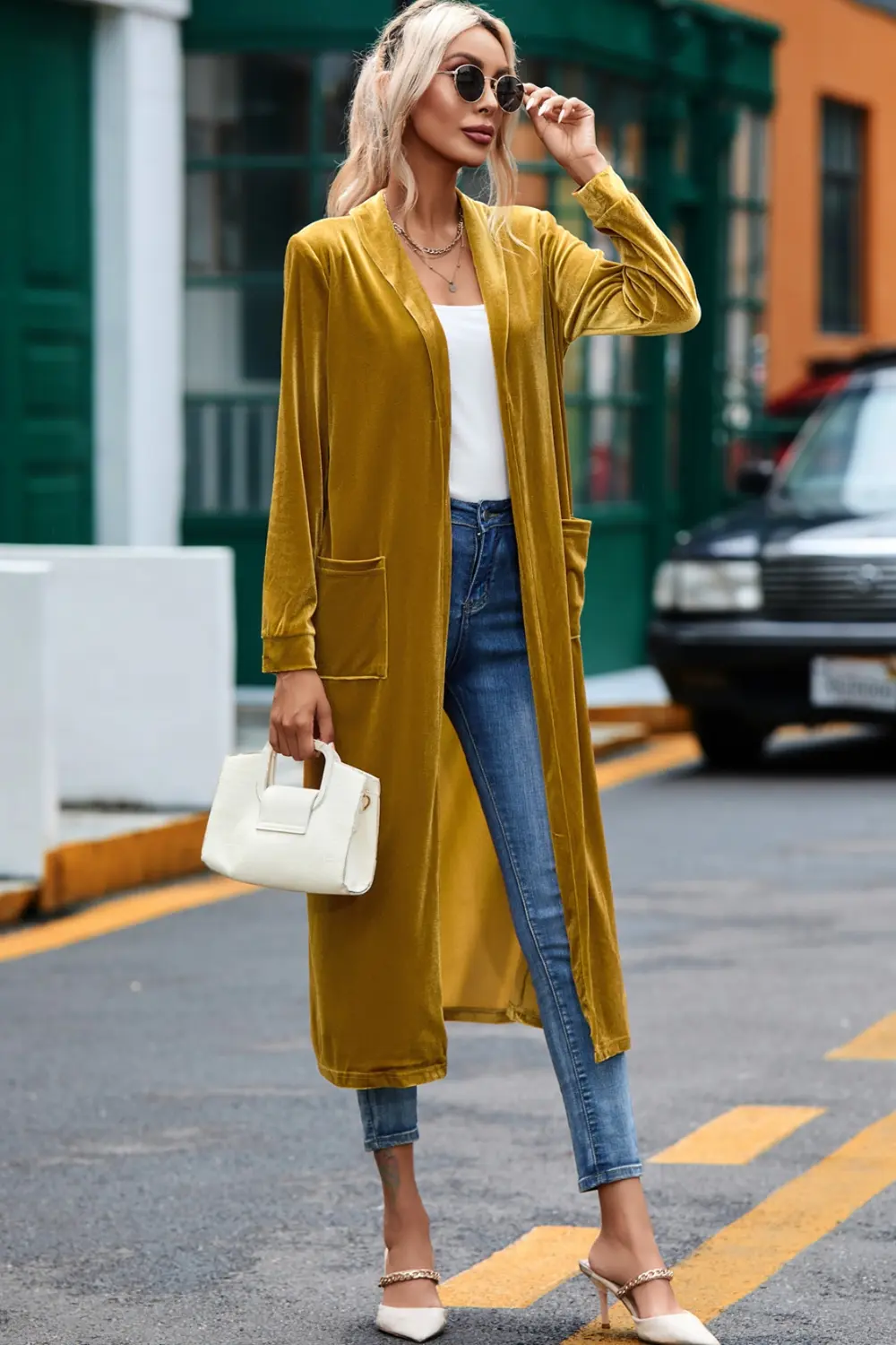 Velvet Open Front Long Cardigan with Pockets, image 8