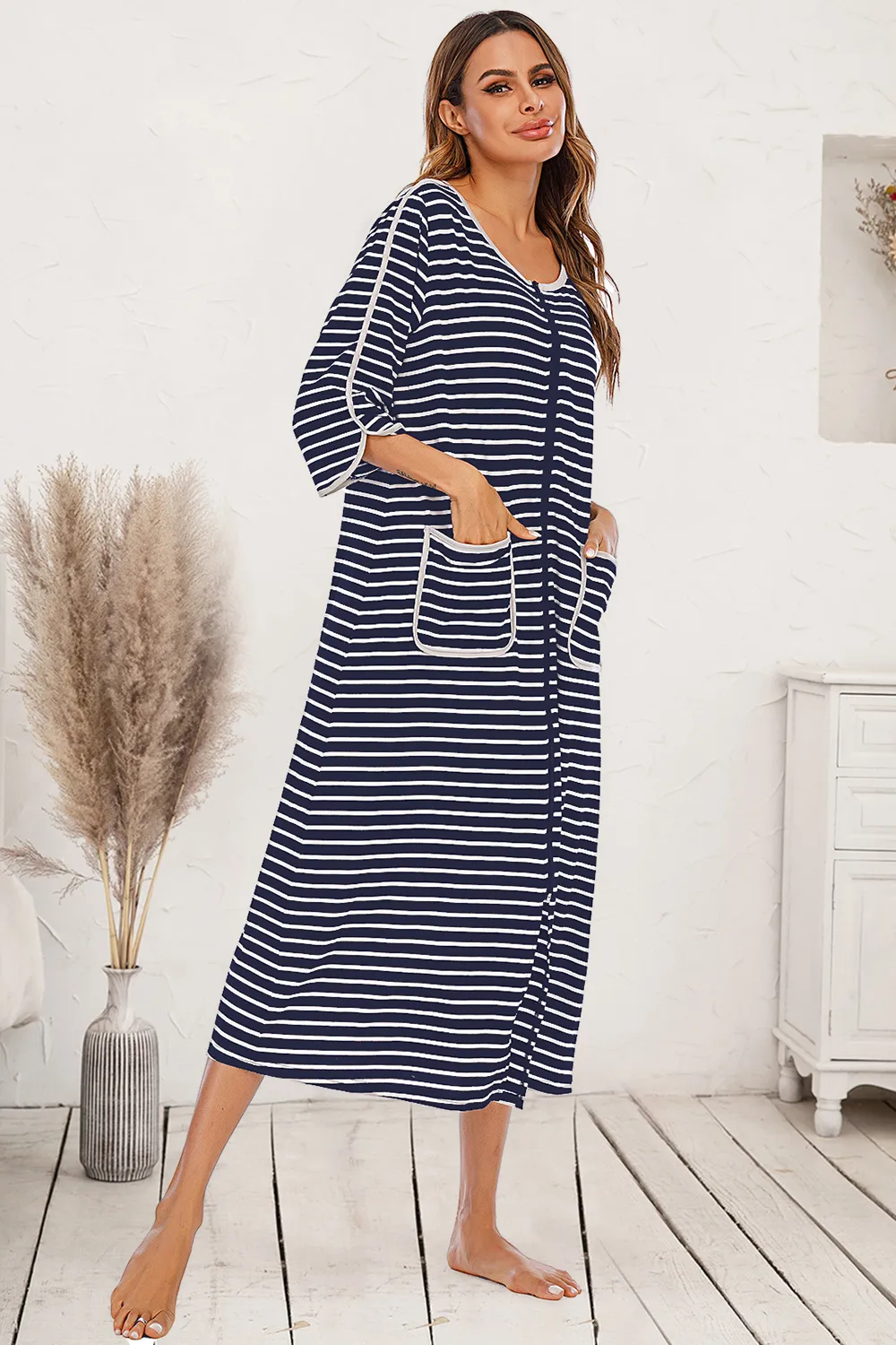 Round Neck Three-Quarter Sleeve Midi Night Dress, image 2