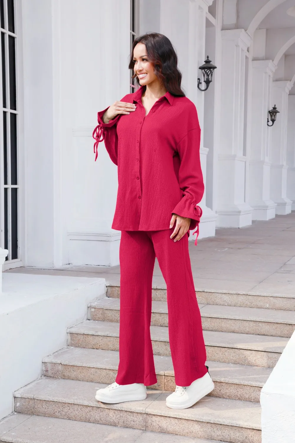 Drawstring Flounce Sleeve Shirt and Pants Set, image 17