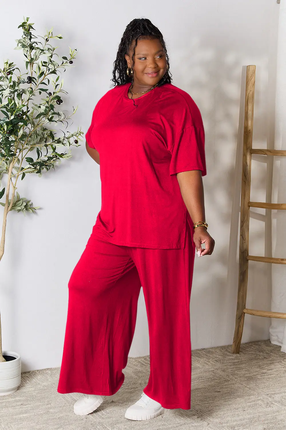 Full Size Round Neck Slit Top and Pants Set, image 20