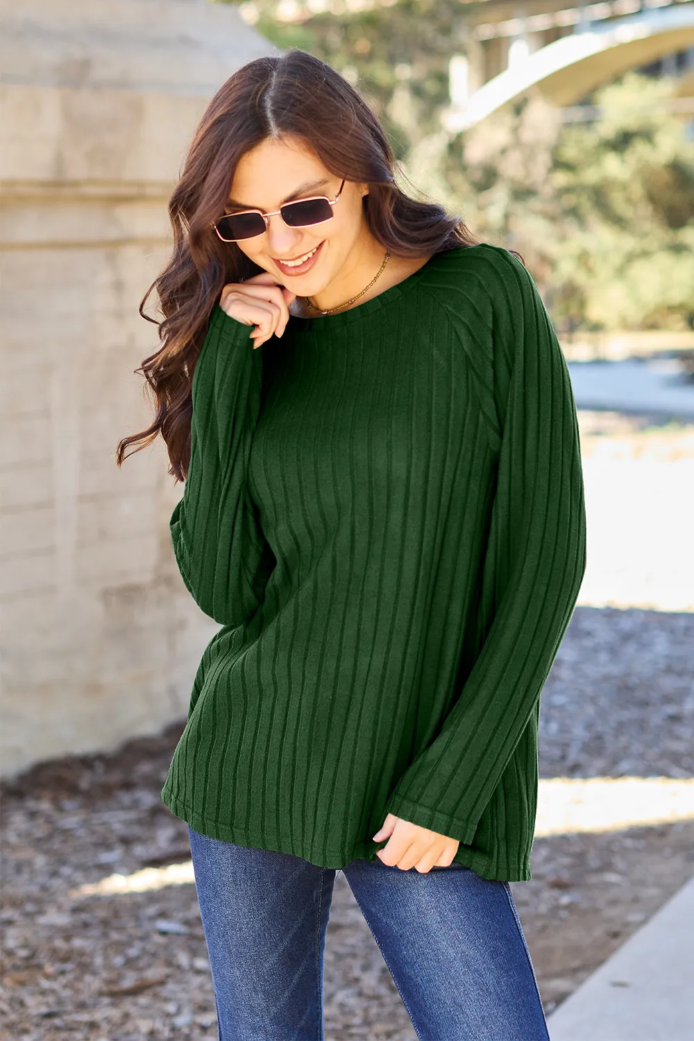 Full Size Ribbed Round Neck Long Sleeve Knit Top, image 9
