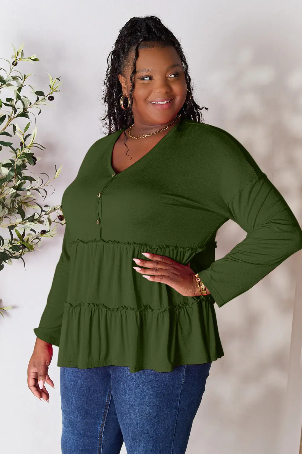 Half Button Long Sleeve Ruffle Hem Blouse, image 20