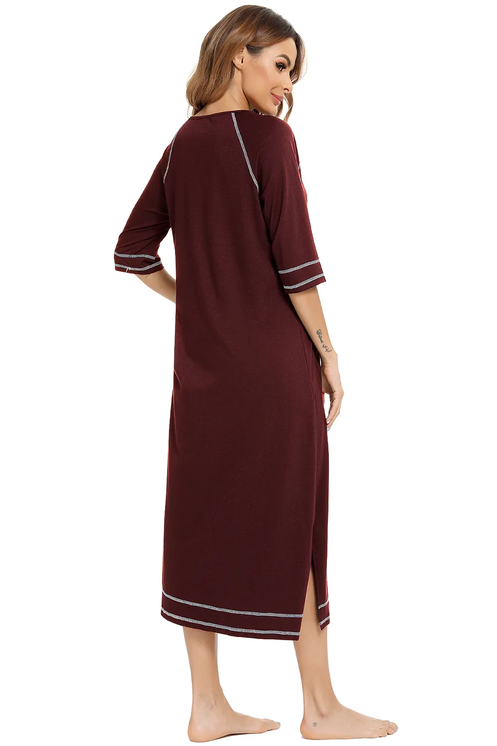 Zip Up Slit Round Neck Night Dress with Pockets, image 16