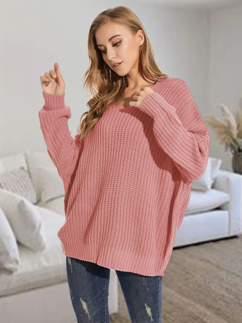 V-Neck Batwing Dropped Shoulder Sweater, image 5