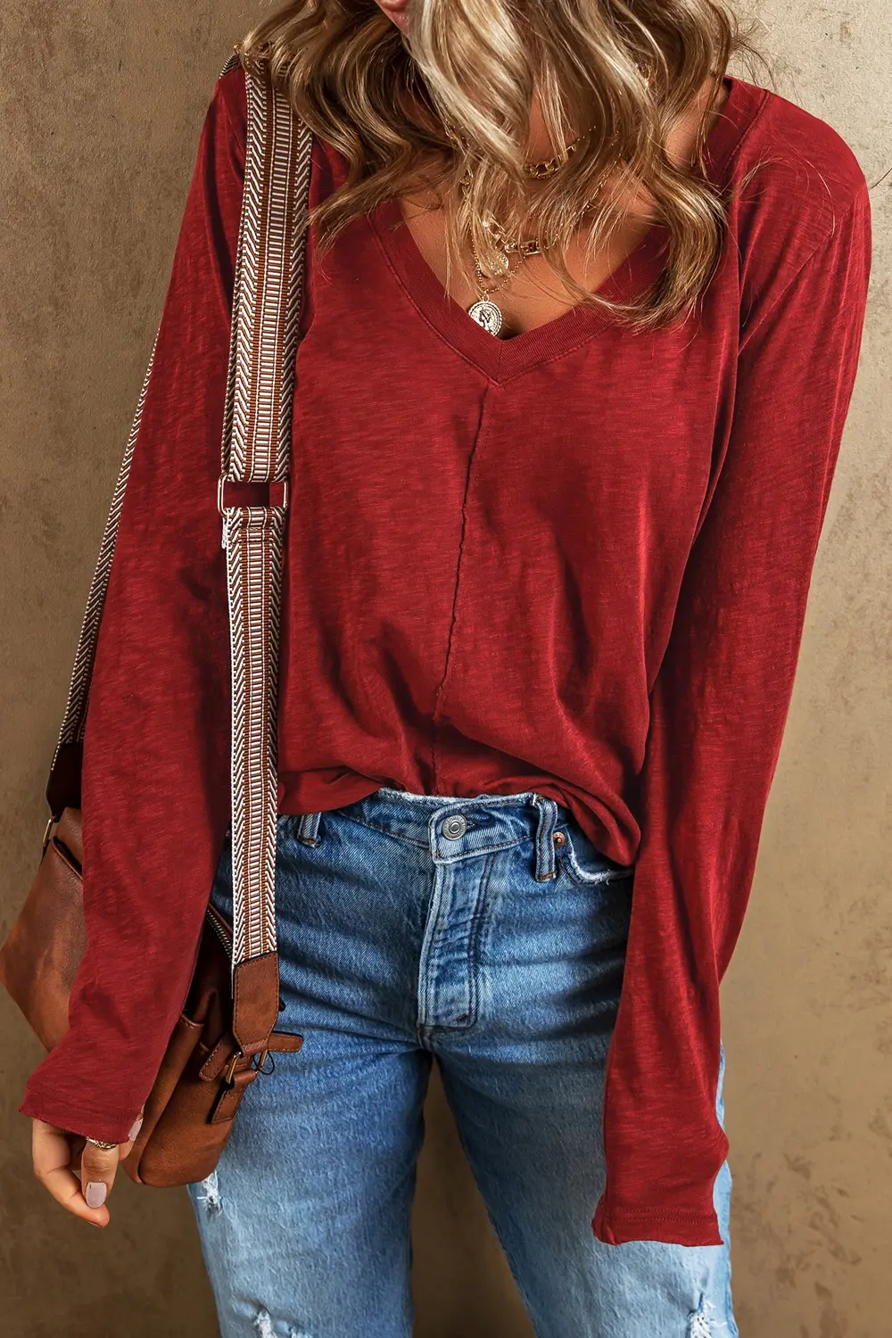 Exposed Seam V-Neck Long Sleeve T-Shirt, image 10