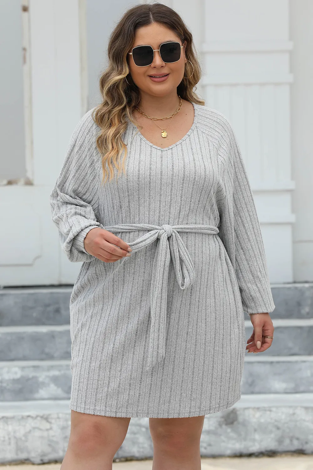 Plus Size Ribbed Tie Front Long Sleeve Sweater Dress, image 9