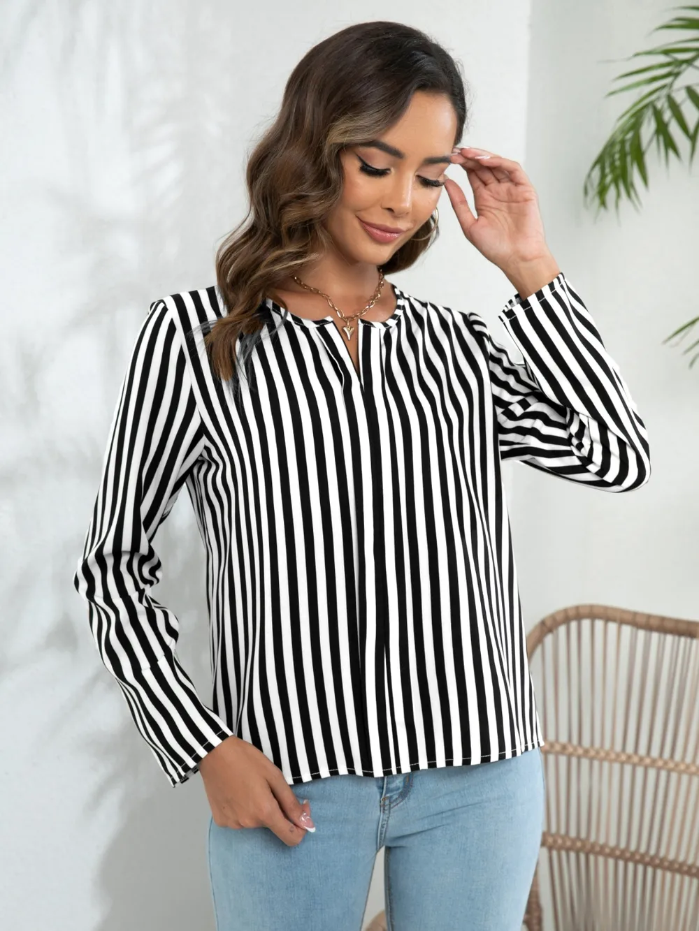 Striped Long Sleeve Notched Blouse, image 2