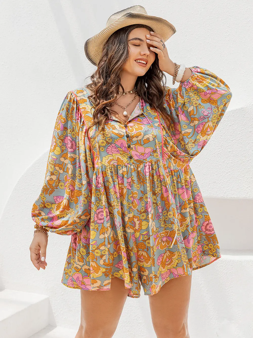 Plus Size Floral Tie Neck Balloon Sleeve Romper, image 3
