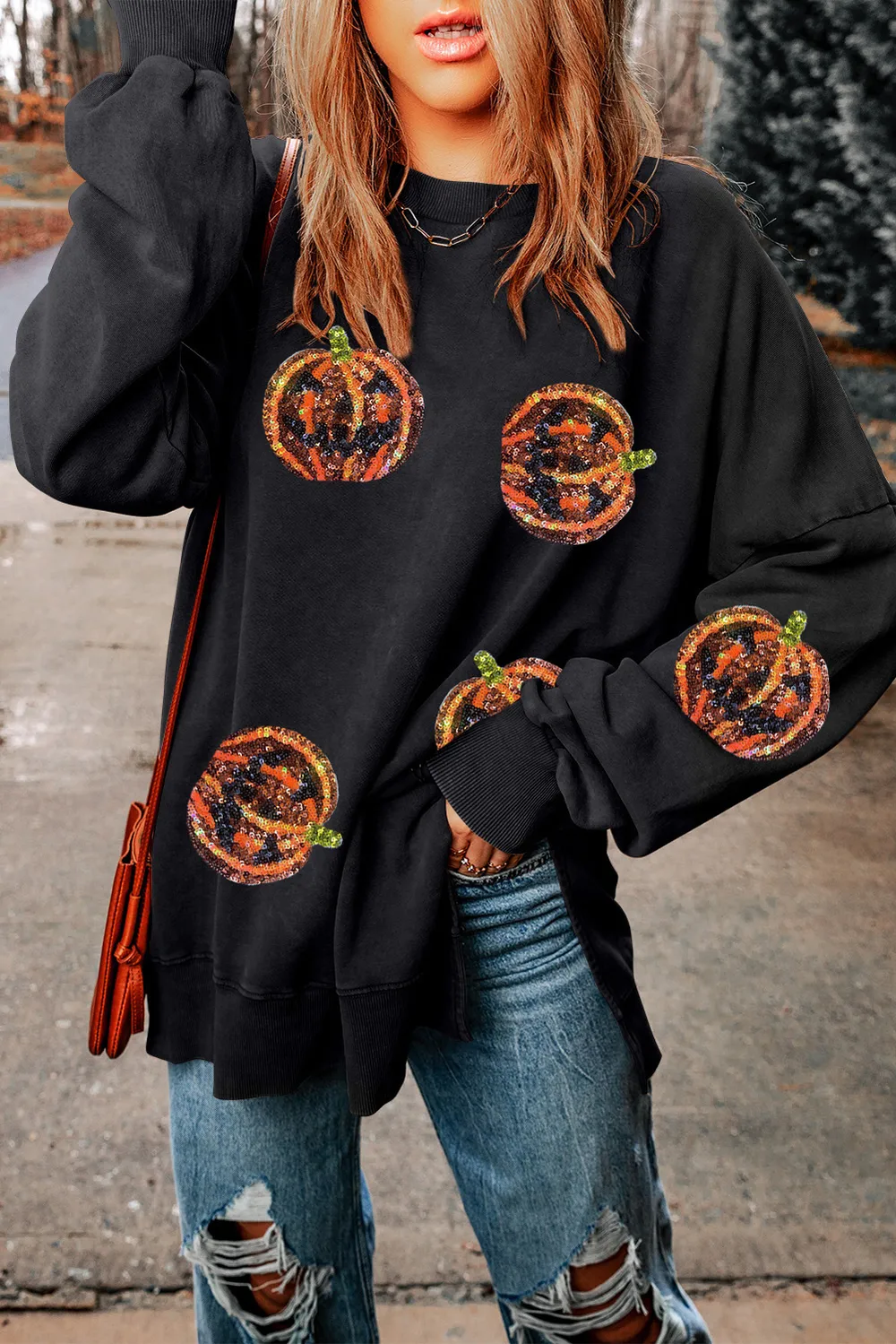 Pumpkin Print Dropped Shoulder Sweatshirt, image 4