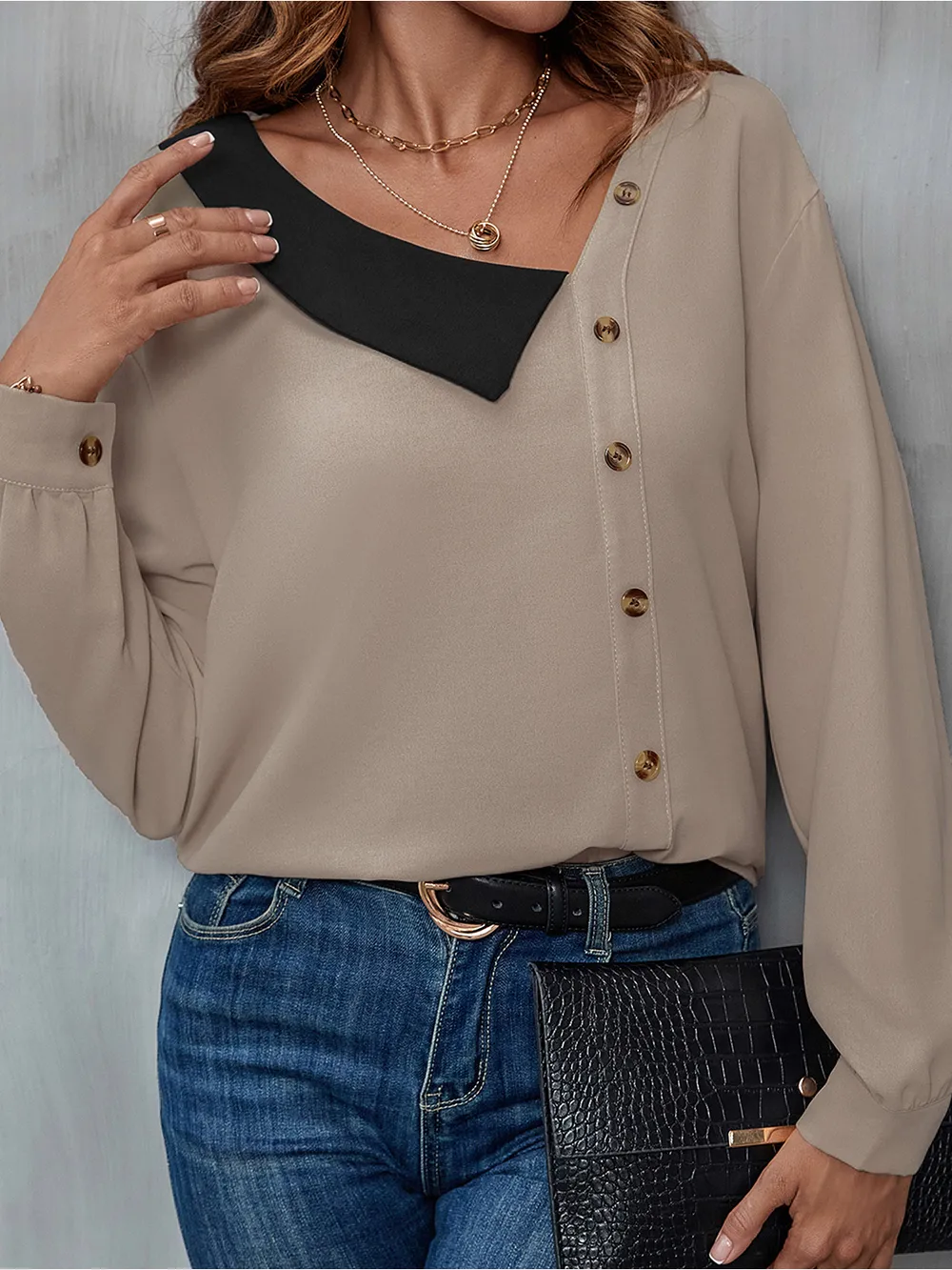 Asymmetrical Neck Buttoned Long Sleeve Top, image 2