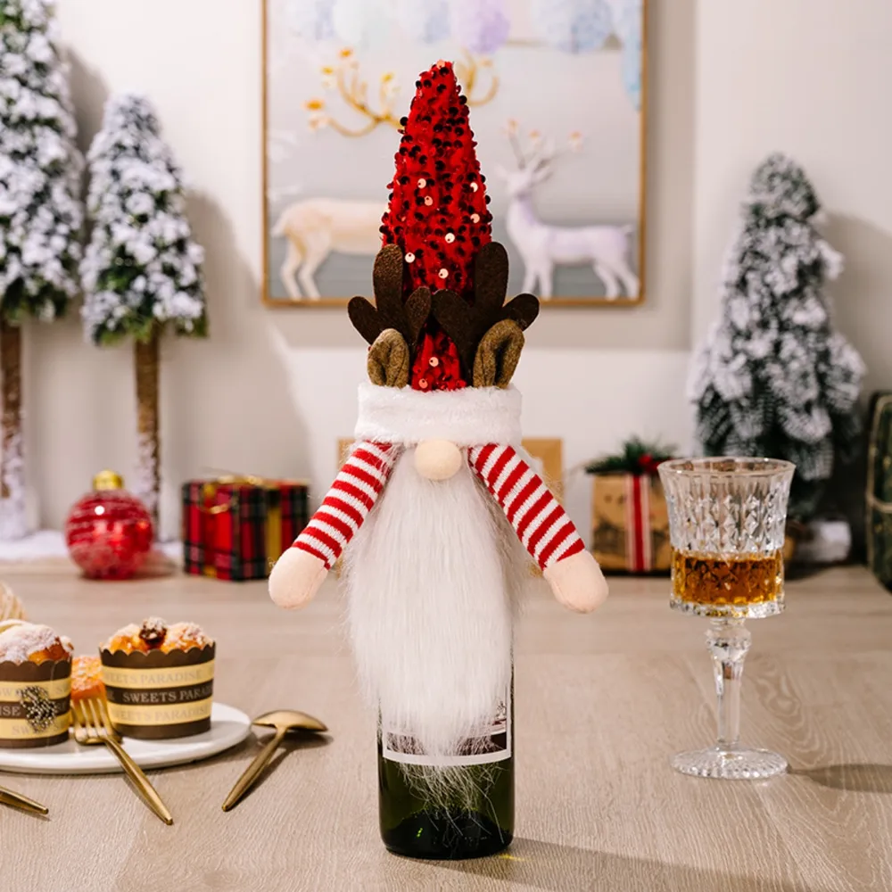 Sequin Pointed Hat Faceless Gnome Wine Bottle Cover, image 3