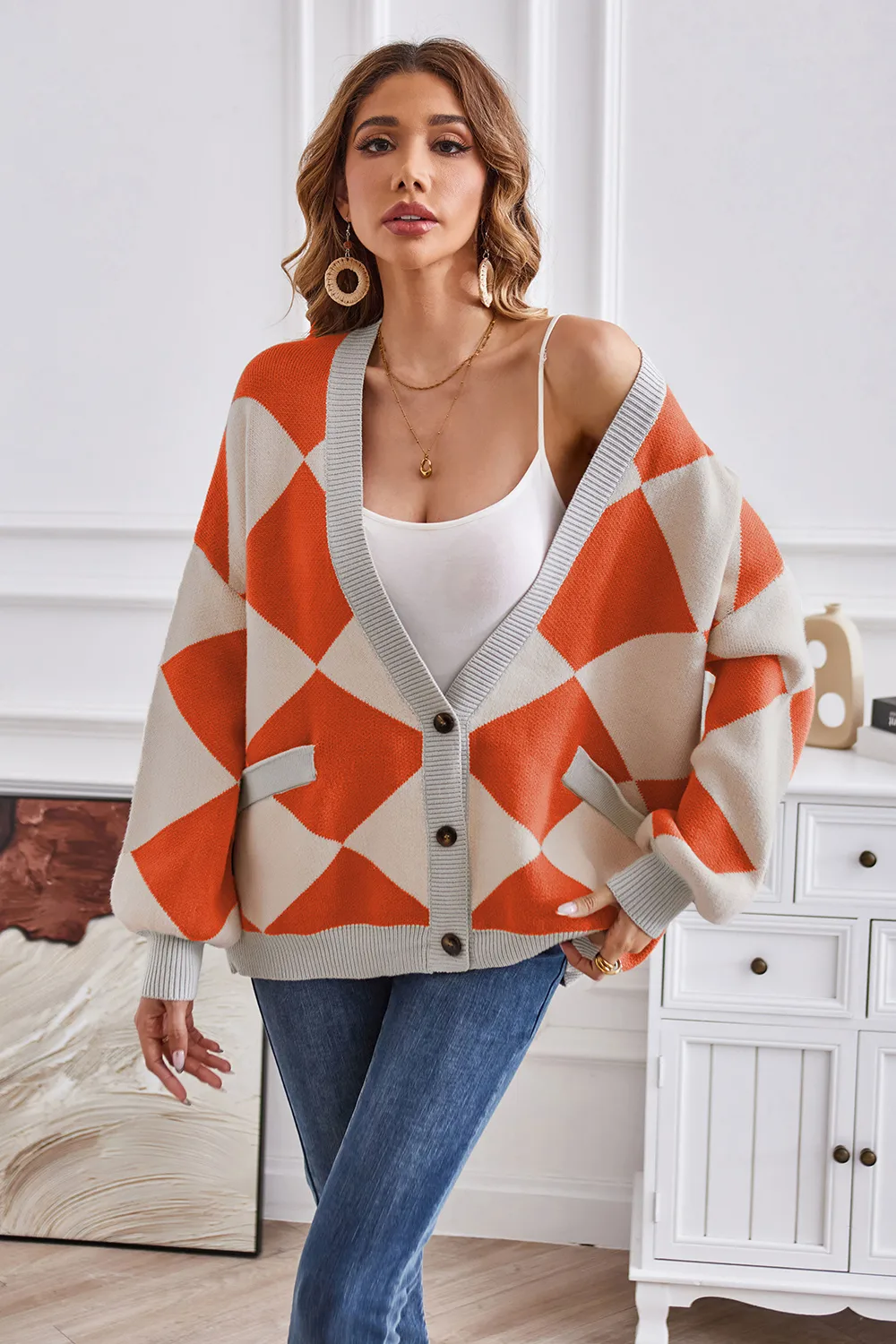 Geometric Lantern Sleeve Cardigan with Pockets, image 10