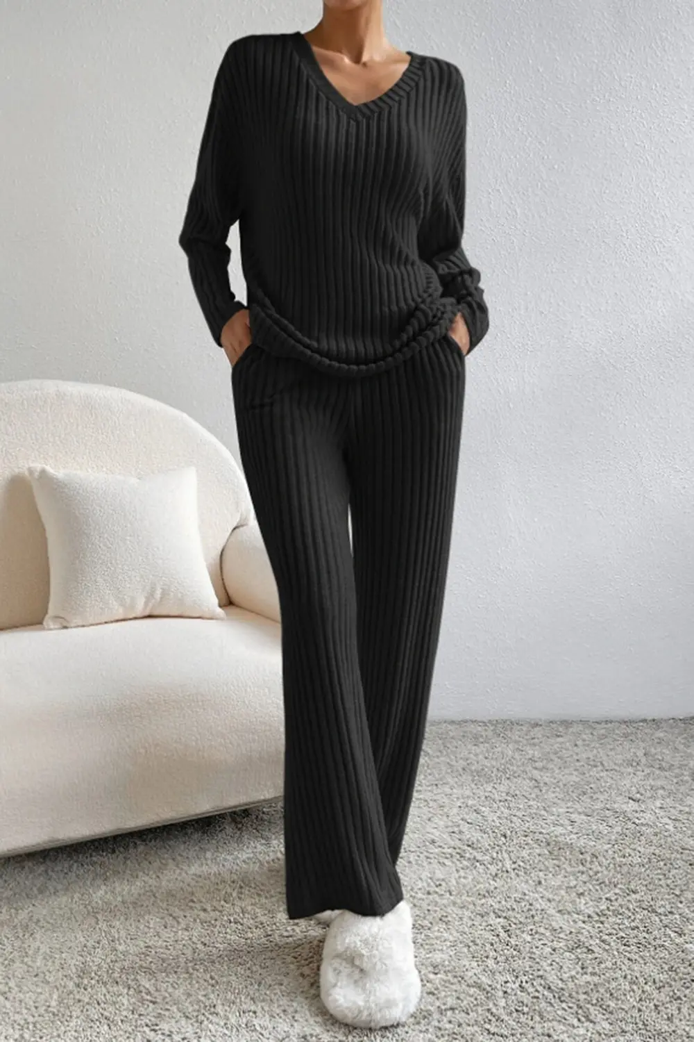 Ribbed V-Neck Top and Pants Set, image 6