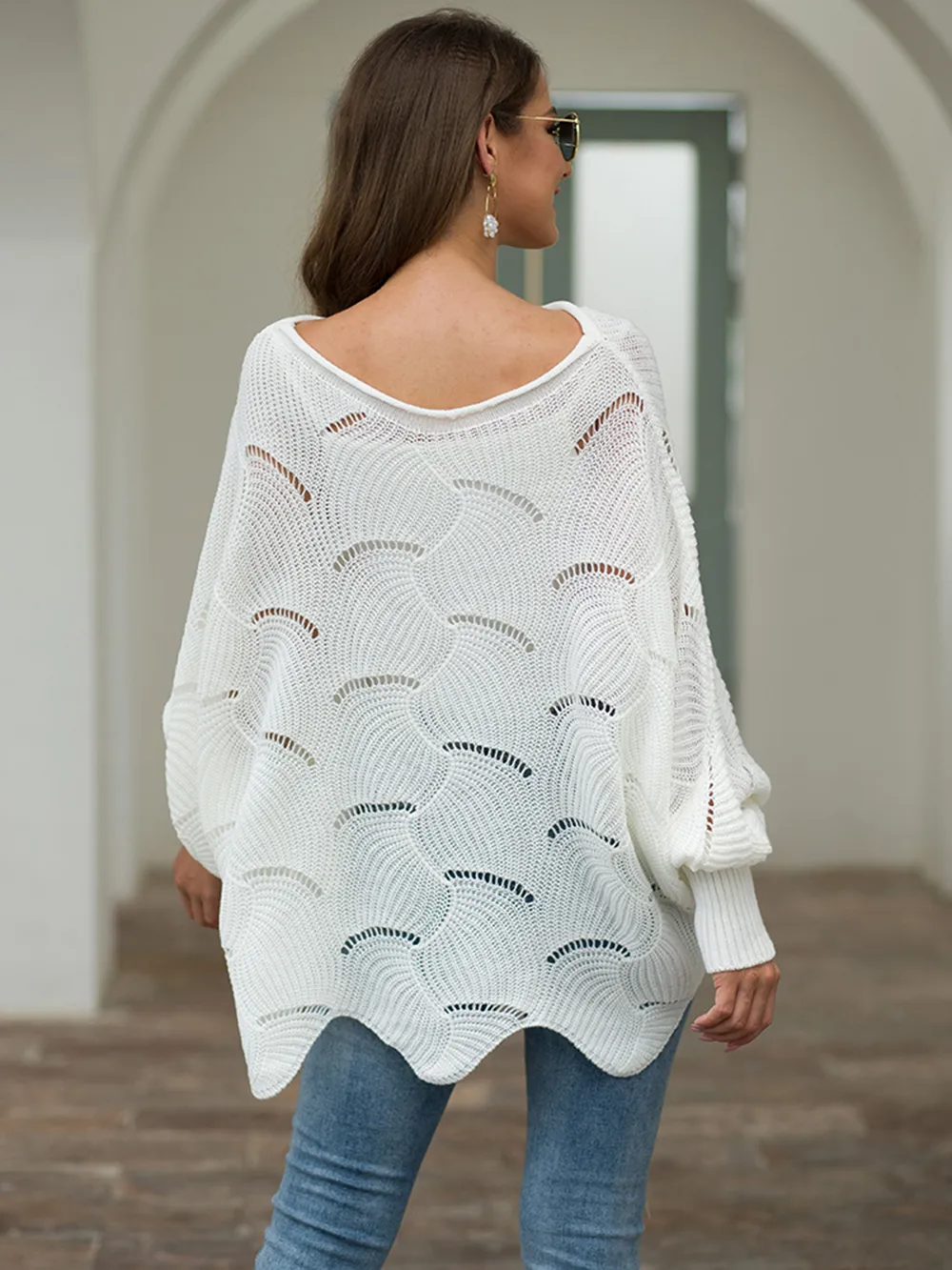 Full Size Boat Neck Lantern Sleeve Openwork Knit Top, image 3