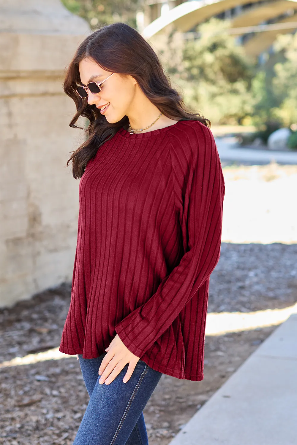 Full Size Ribbed Round Neck Long Sleeve Knit Top, image 10
