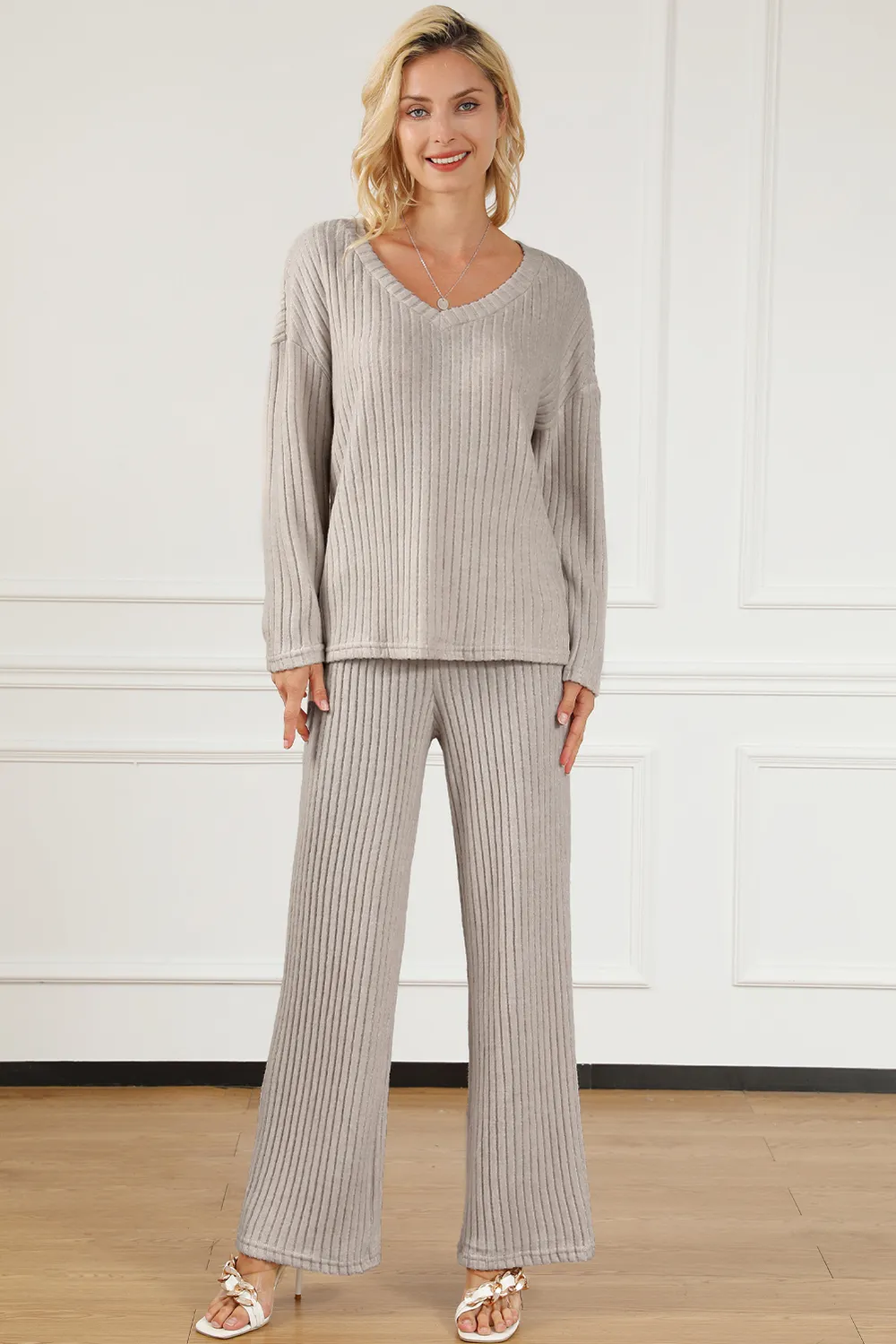 Ribbed V-Neck Top and Pants Lounge Set, image 6