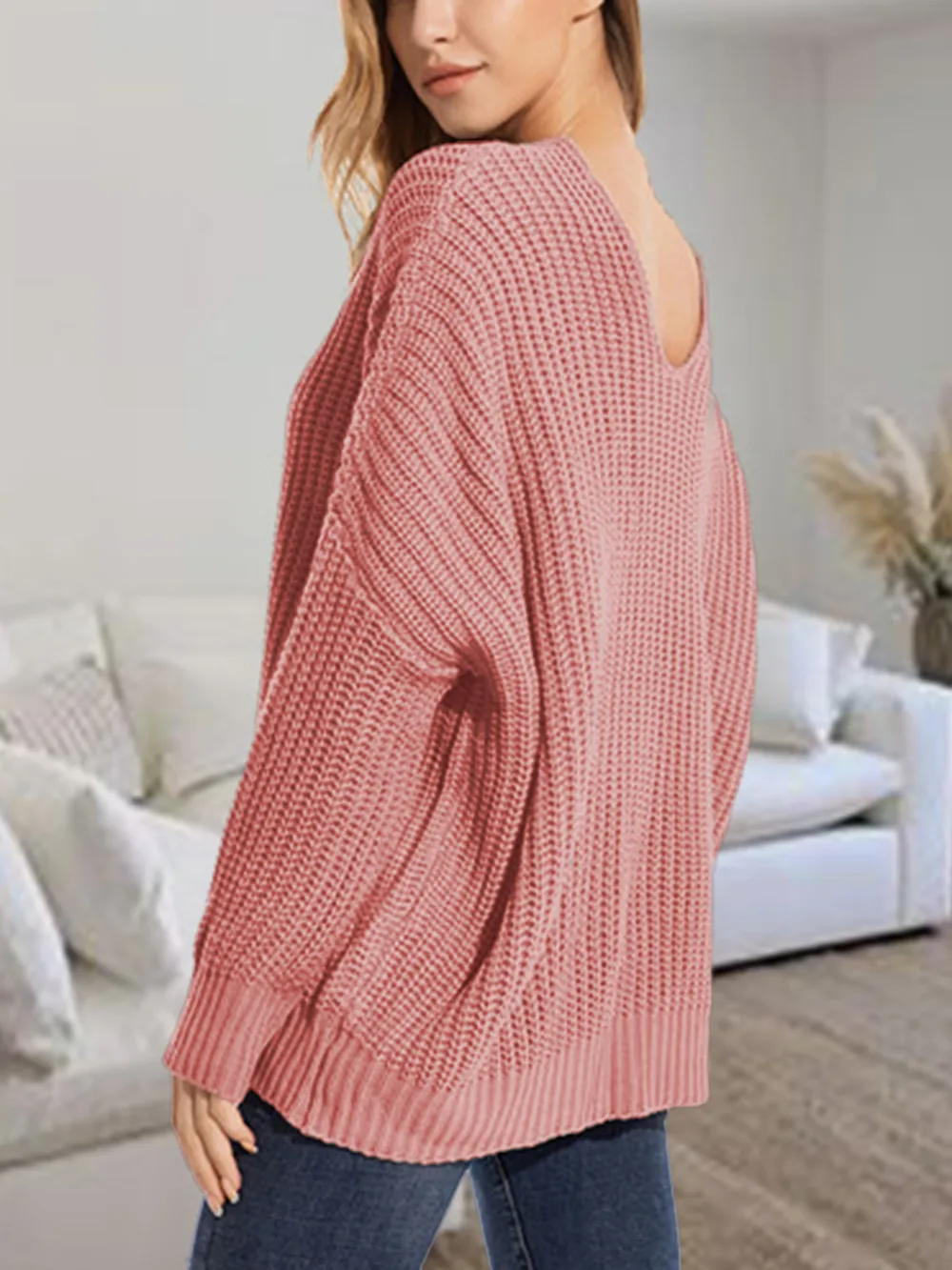 V-Neck Batwing Dropped Shoulder Sweater, image 6