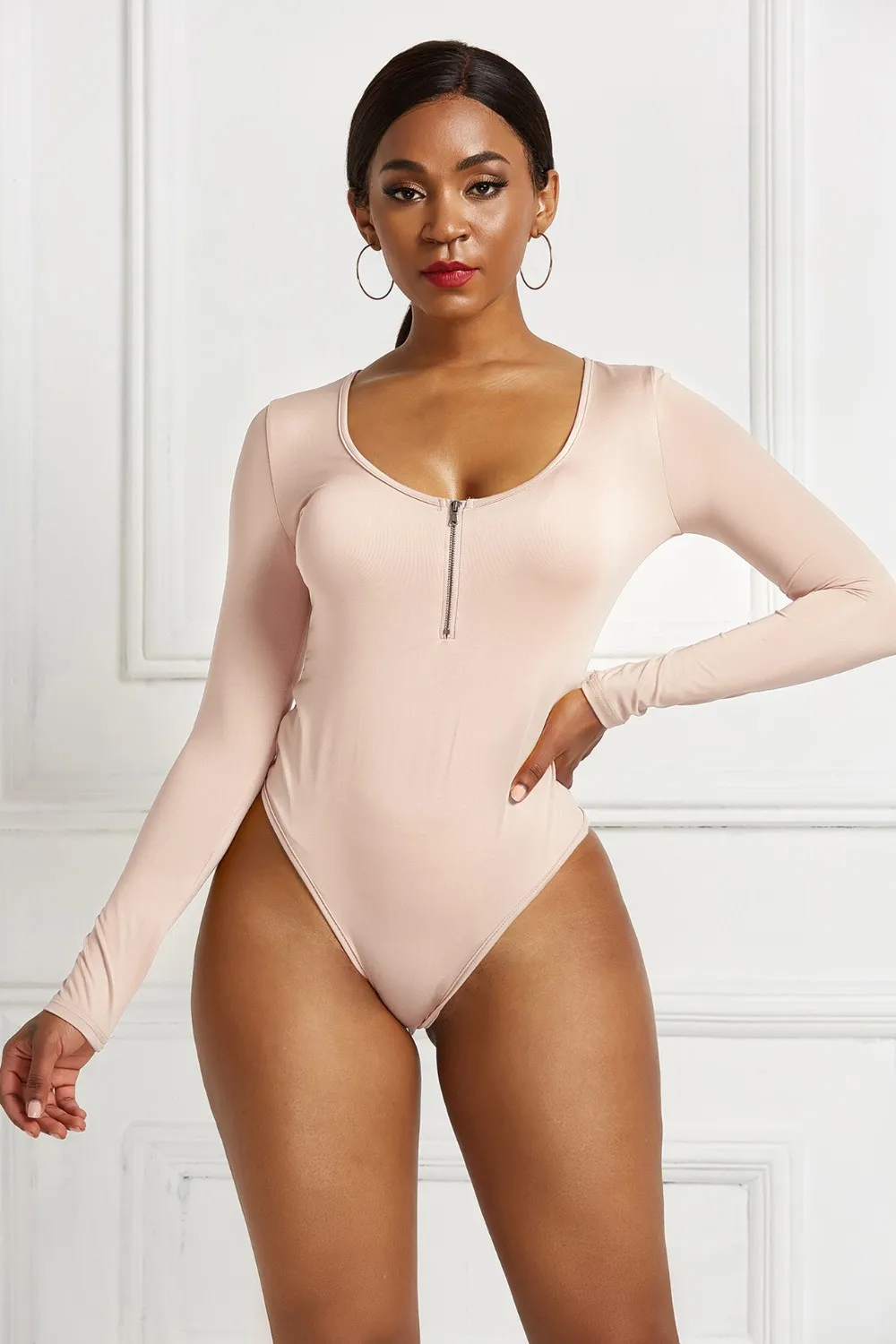 Half Zip Scoop Neck Long Sleeve Bodysuit, image 3