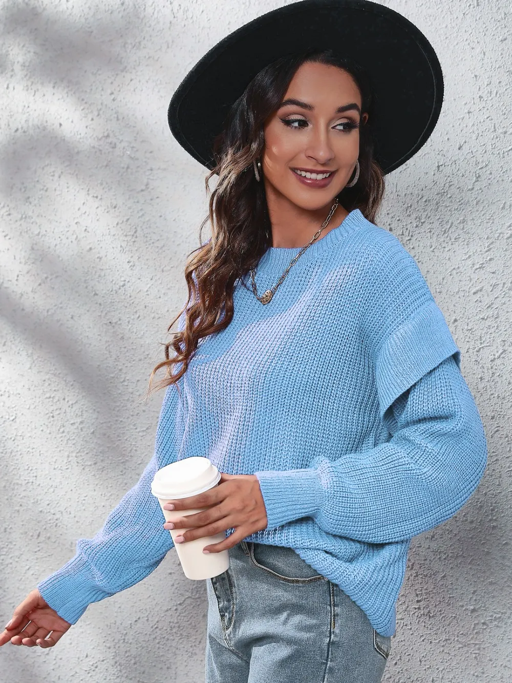 Ruffled Round Neck Dropped Shoulder Sweater, image 7