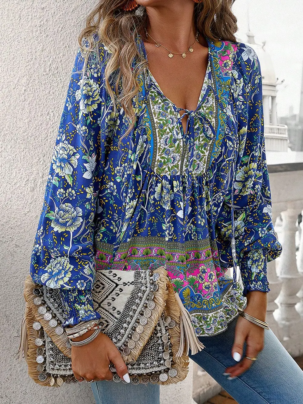 Bohemian Tie Neck Lantern Sleeve Blouse, image 7