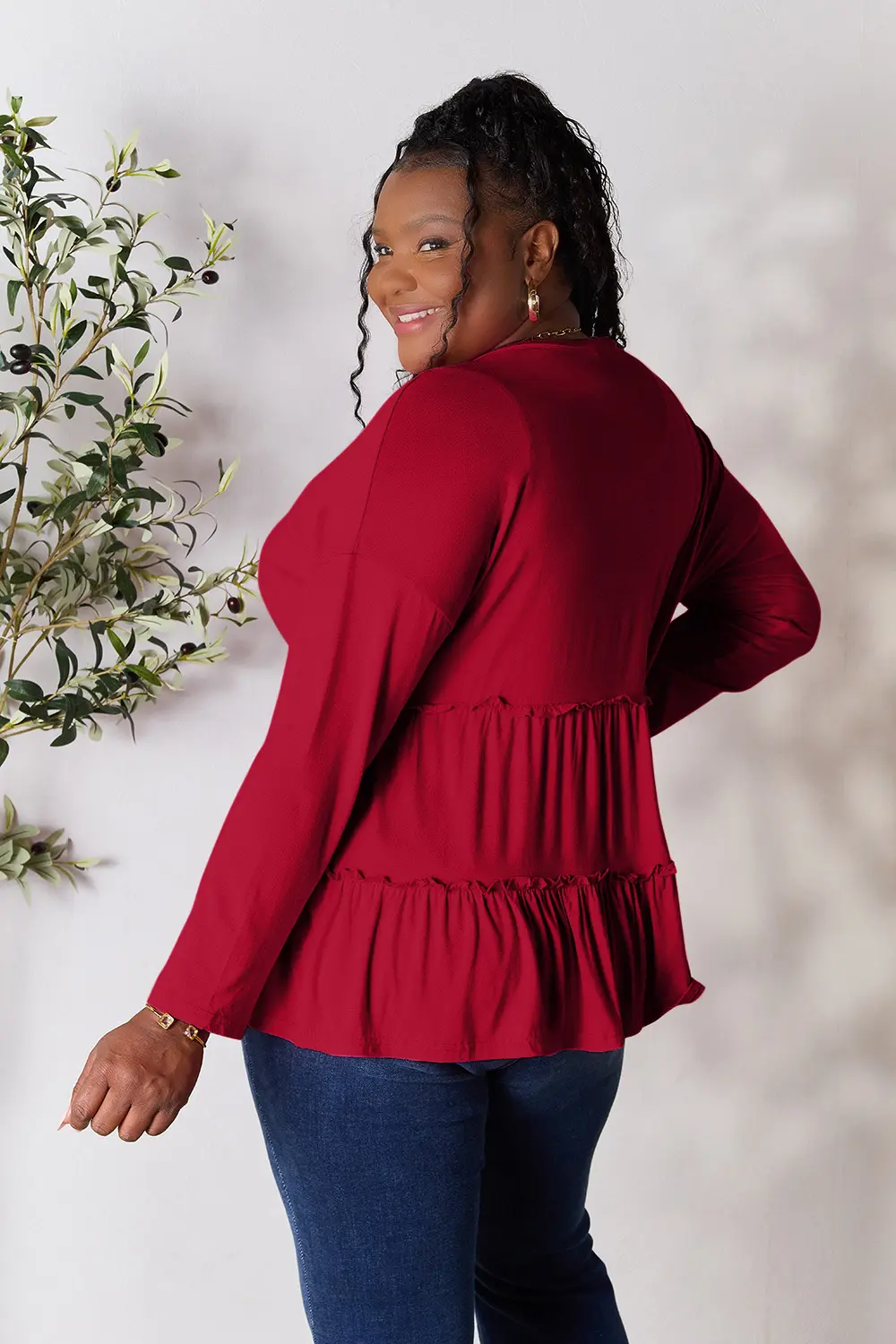 Half Button Long Sleeve Ruffle Hem Blouse, image 21