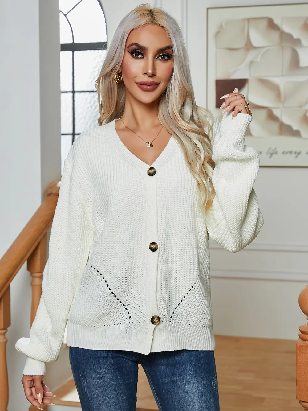 Button Up V-Neck Long Sleeve Cardigan, image 3