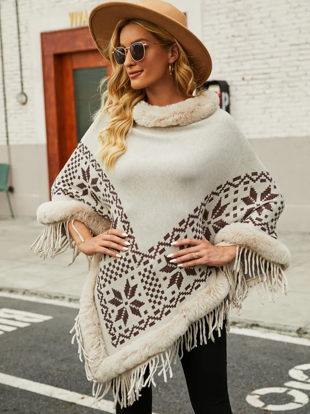 Fringe Geometric Cape Sleeve Poncho, image 2