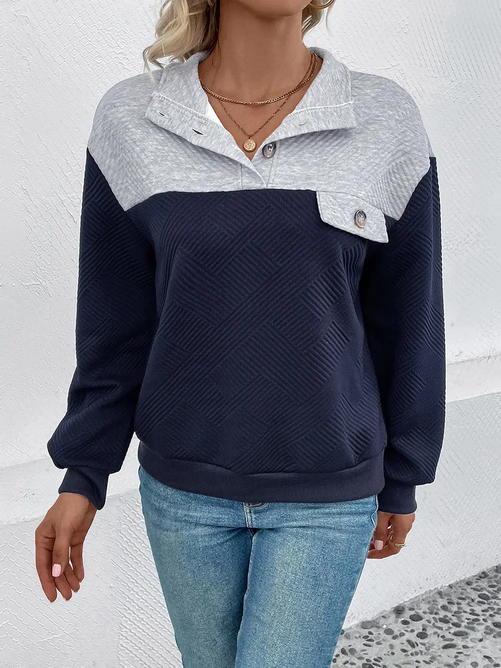 Textured Contrast Half Button Sweatshirt