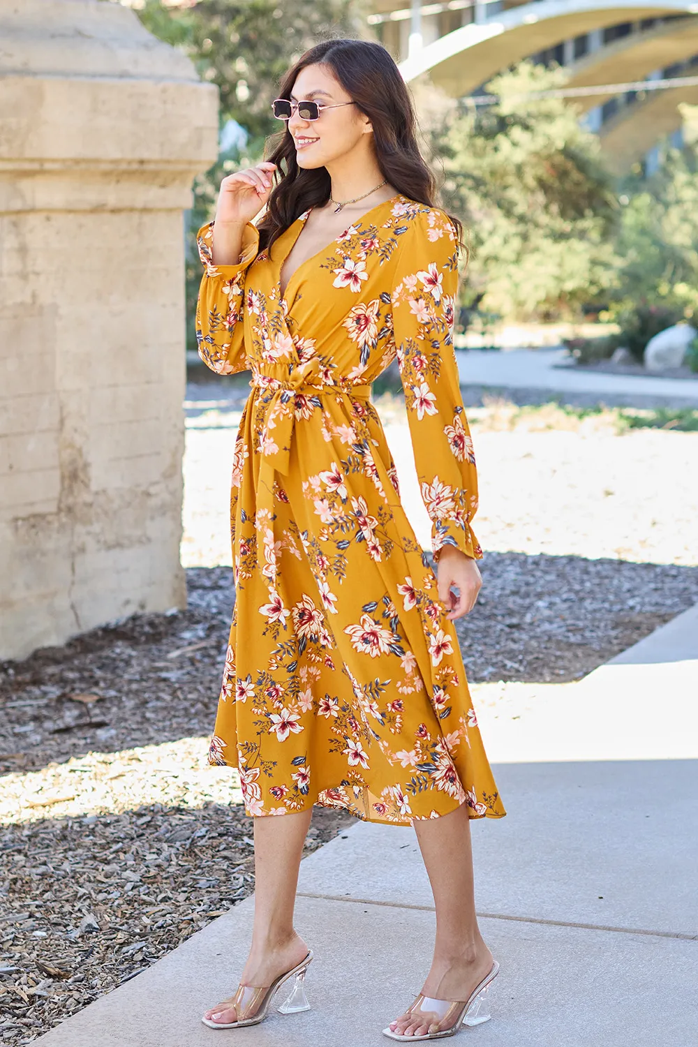 Full Size Floral Tie Back Flounce Sleeve Dress, image 3
