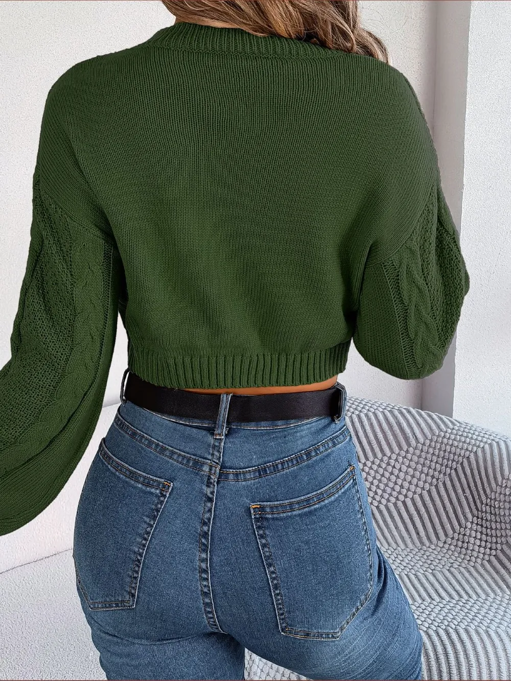 Cable-Knit Round Neck Cropped Sweater, image 12