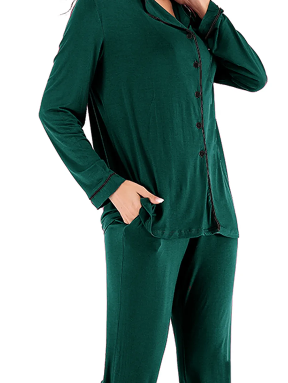 Collared Neck Long Sleeve Loungewear Set with Pockets, image 7