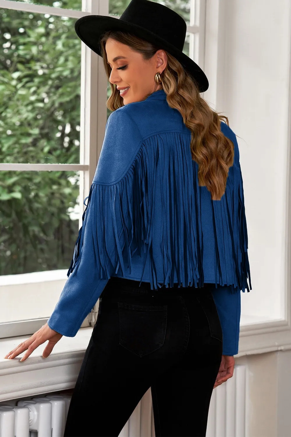 Fringe Trim Lapel Collar Cropped Blazer, image 15