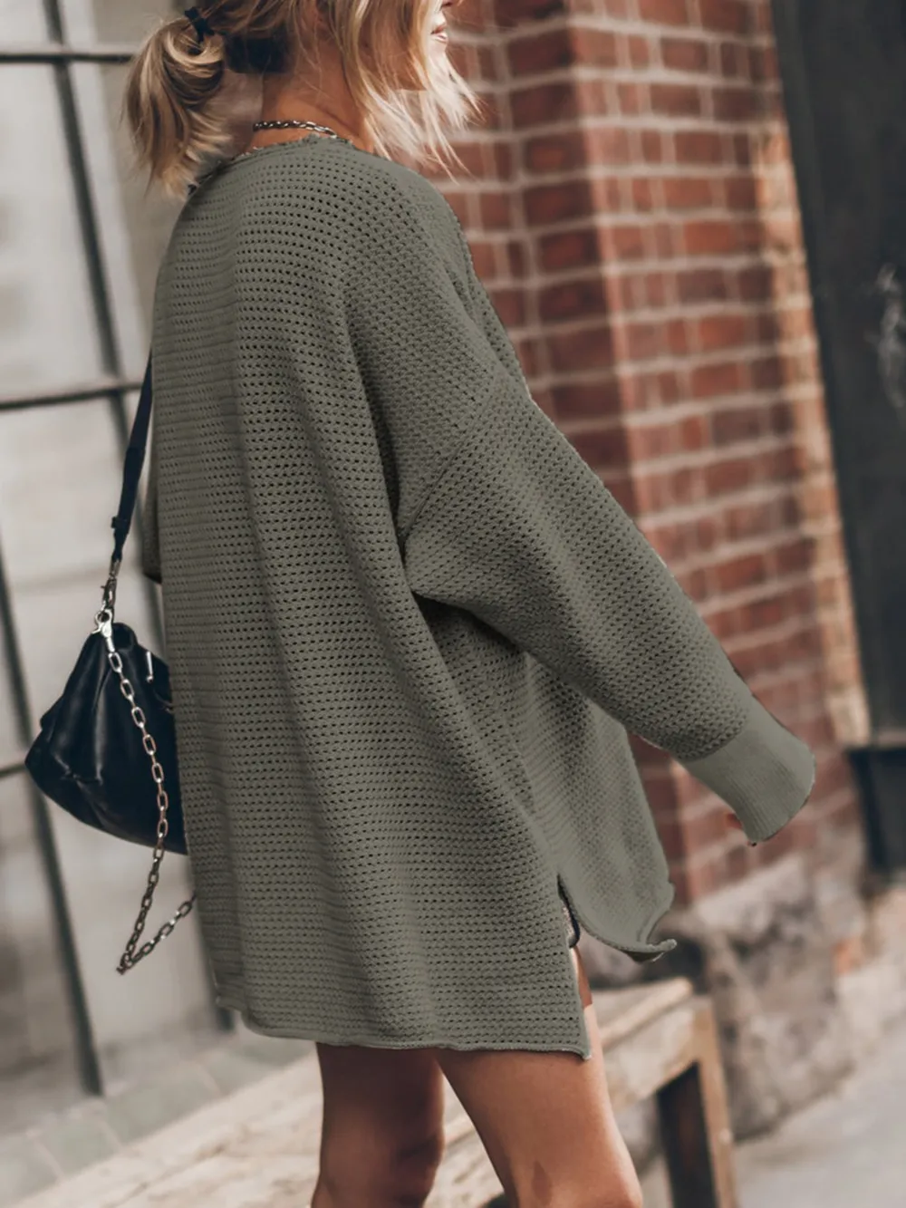 Openwork Round Neck Long Sleeve Slit Sweater, image 9