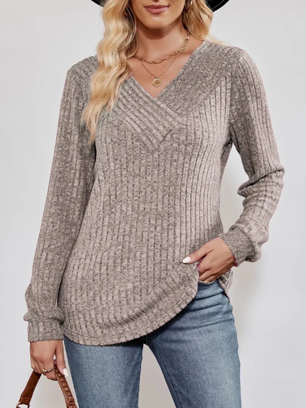 V-Neck Ribbed Long Sleeve Top, image 9