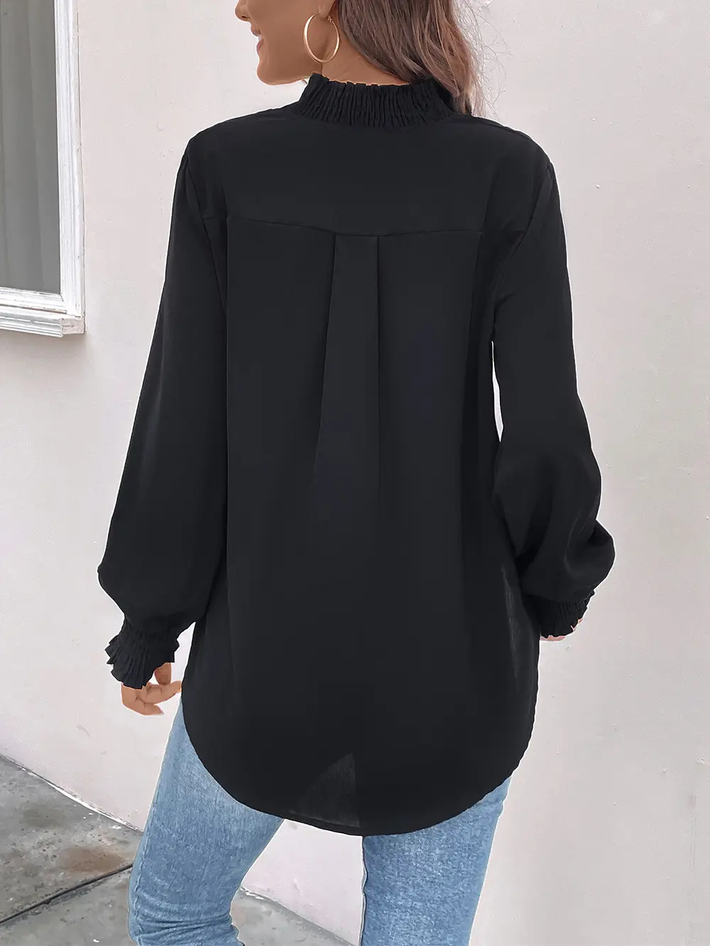 Smocked Notched Long Sleeve Blouse, image 3