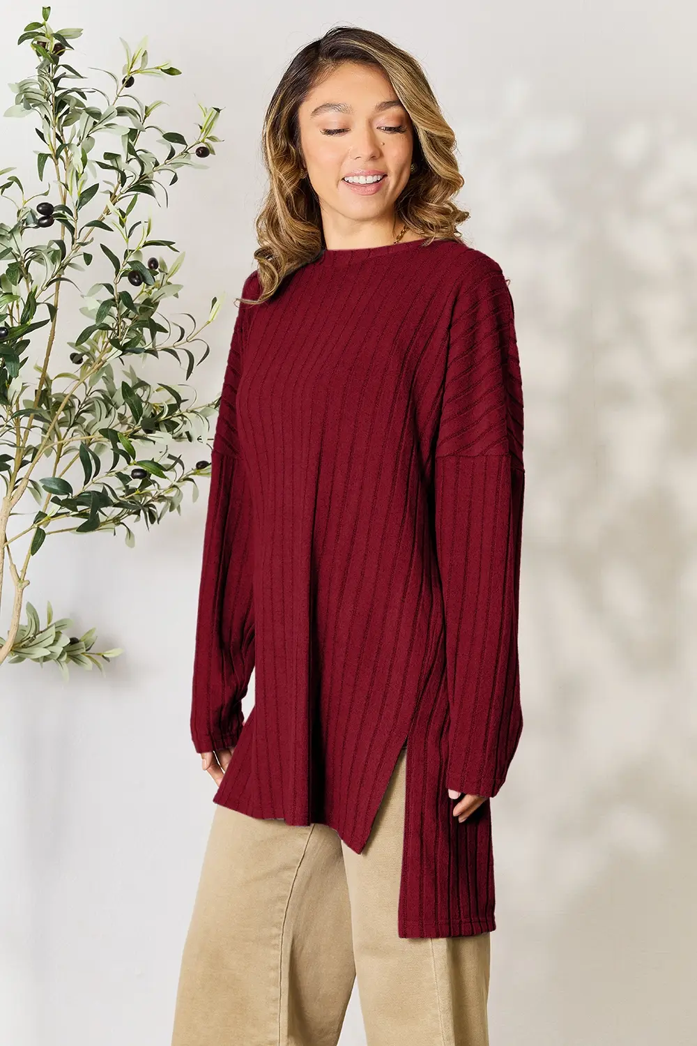 Full Size Ribbed Round Neck Long Sleeve Slit Top, image 24